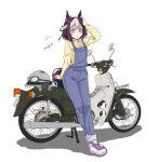  1girl animal_ears artist_name asagi501 blue_overalls bow braid breasts brown_hair commentary_request cropped_legs ear_bow full_body grey_helmet hair_ribbon half_up_braid hand_on_own_head helmet horse_ears horse_girl horse_tail leaning_against_motorcycle long_sleeves looking_at_viewer medium_hair motor_vehicle motorcycle multicolored_hair overalls parted_lips pink_shoes purple_bow purple_eyes purple_ribbon ribbon shirt shoes simple_background small_breasts sneakers solo special_week_(umamusume) tail translation_request twitter_username two-tone_hair umamusume unworn_headwear unworn_helmet vehicle_request watermark white_background white_hair yellow_shirt 