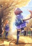  2girls animal_ears aoniyoshi bag blue_sky blunt_bangs blush bow bowtie braid brown_hair brown_shoes commentary_request ear_covers green_eyes hair_ornament hair_ribbon hairband half_up_braid highres hime_cut horse_ears horse_girl horse_tail leaf long_hair long_sleeves multicolored_hair multiple_girls orange_hair orange_tail outdoors pleated_skirt purple_sailor_collar purple_serafuku purple_shirt purple_skirt purple_thighhighs ribbon running sailor_collar sailor_shirt school_bag school_uniform serafuku shirt shoes short_hair silence_suzuka_(umamusume) skirt sky special_week_(umamusume) tail thighhighs tracen_school_uniform tree two-tone_hair umamusume white_bow white_bowtie white_hair white_hairband 