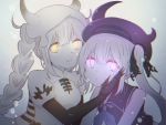  2girls abyssal_nimbus_hime bangs braid claws closed_mouth destroyer_hime dress glowing glowing_eyes grey_background hair_ribbon hand_on_another&#039;s_cheek hand_on_another&#039;s_face hat kantai_collection long_hair multiple_girls one_side_up pale_skin puffy_short_sleeves puffy_sleeves purple_eyes purple_headwear ren_kun ribbon sailor_collar school_uniform serafuku shinkaisei-kan short_sleeves sidelocks simple_background sleeveless twin_braids white_dress white_hair white_headwear white_skin yellow_eyes 