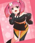  1girl :3 :d artist_name belt black_eyes black_shirt black_skirt commentary coral_(pokemon) cropped_shirt fang hair_ornament hand_on_own_hip hand_to_own_mouth highres long_sleeves looking_at_viewer mesugaki midriff miniskirt multicolored_hair pink_background pink_hair pokemon pokemon_(anime) pokemon_horizons shirt skirt sleeves_past_fingers sleeves_past_wrists smile solo standing straight_hair thighhighs twintails two-tone_hair two-tone_skirt x_hair_ornament yellow_belt yellow_skirt yellow_thighhighs zorokkyu 