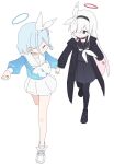  2girls absurdres ame_miya_ta arona_(blue_archive) black_choker black_coat black_hairband black_pantyhose black_sailor_collar black_shirt black_shoes black_skirt blue_archive blue_hair blue_halo blue_shirt blush_stickers bow bowtie braid choker closed_eyes coat collarbone colored_inner_hair commentary_request full_body gradient_clothes gradient_shirt grey_eyes hair_bow hair_over_one_eye hairband halo highres holding_hands loafers long_hair long_sleeves looking_at_another medium_hair multicolored_hair multiple_girls neckerchief open_clothes open_coat open_mouth pantyhose pink_hair plana_(blue_archive) pleated_skirt red_halo running sailor_collar shirt shoes sidelocks simple_background single_braid skirt sneakers thighs turning_head very_long_hair white_background white_bow white_bowtie white_choker white_hair white_hairband white_neckerchief white_sailor_collar white_shoes white_skirt 
