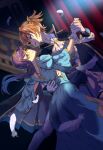  2girls ascot banister black_cape blonde_hair blue_cape blue_dress blurry blurry_background cape christine_daae christine_daae_(cosplay) closed_mouth collared_cape commentary_request cosplay curtains daiba_nana dancing depth_of_field dress erik_(phantom_of_the_opera) erik_(phantom_of_the_opera)_(cosplay) eye_contact eye_mask face-to-face falling_feathers feathers feet_out_of_frame flipped_bangs frilled_dress frilled_gloves frills glasses gloves gold_tiara green_eyes hair_ornament half_eye_mask hand_on_another's_back hand_up hoshimi_junna leaning_to_the_side long_dress long_hair long_sleeves looking_at_another low_ponytail mask multiple_girls mystical_high_collar open_mouth ponytail puffy_short_sleeves puffy_sleeves purple_dress purple_hair sen'yuu_yuuji short_dress short_hair short_sleeves short_twintails shoujo_kageki_revue_starlight shoujo_kageki_revue_starlight_-re_live- sidelighting smile stage_curtains twintails two-sided_cape two-sided_fabric two-tone_dress white_ascot white_dress white_gloves yellow-framed_eyewear yellow_trim yuri 