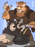  5_fingers anthro big_wada black_body black_fur black_hair black_nails canid canine canis cauldron clothed clothing colored_nails digital_media_(artwork) duo fingers fur goodestno3 hair hand_pawpads hi_res humanoid_hands mage_robe male mammal muscular muscular_anthro muscular_male nails neck_tuft open_mouth panthera potion simple_background sleeveless_hoodie tagme tuft white_body white_fur 