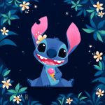  1:1 2020 3_toes alien black_eyes blue_background blue_body blue_fur blue_nose blue_pawpads claws dessert disney experiment_(lilo_and_stitch) flower food front_view fur head_tilt hi_res hibiscus holding_food holding_object ice_cream ice_cream_cone lilo_and_stitch looking_at_viewer marie_vanderbemden notched_ear open_mouth open_smile pawpads plant simple_background sitting smile solo star stitch_(lilo_and_stitch) toe_claws toes 