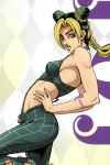  1girl anime_coloring araki_hirohiko_(style) argyle_background arm_tattoo arms_up asymmetrical_bangs bare_shoulders black_hair blonde_hair bracelet braid braided_base braided_ponytail breasts bun_with_braided_base commentary cone_hair_bun cowboy_shot crop_top double_bun english_commentary from_side green_eyes green_hair green_lips green_nails green_pants green_tank_top grey_background hair_bun halterneck hand_on_own_hip hatching_(texture) heart_ornament highres jewelry jojo_no_kimyou_na_bouken kujo_jolyne looking_at_viewer makeup midriff multicolored_hair navel official_style pants parted_bangs parted_lips shrimpify131 small_breasts solo spider_web_print stone_ocean tank_top tattoo two-tone_hair vento_aureo 