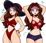  1girl alternate_costume armpits arms_behind_head bikini black_hat blue_eyes blue_shorts bracelet breasts brown_hair commentary crop_top earrings english_commentary fizzeru flower gold_bracelet hat hat_flower hawaiian_shirt highres jewelry long_hair looking_at_viewer mario_(series) navel pauline_(nintendo) print_shirt red_bikini red_flower red_hat red_shirt shirt short_shorts shorts simple_background sleeveless sleeveless_shirt sparkle swimsuit visor_cap white_background 