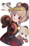  1girl absurdres black_dress black_sleeves blonde_hair blush broom broom_riding chibi chinese_clothes claw_pose commentary_request cropped_legs cropped_torso detached_sleeves double_bun dress fang hair_bun halloween_costume hands_up hat highres holding holding_wand jiangshi_costume long_sleeves looking_at_viewer mosuroshyu multiple_views nail_polish natori_sana natori_sana_(jiangshi) ofuda open_mouth qingdai_guanmao red_eyes red_nails sana_channel simple_background sleeveless sleeveless_dress smile virtual_youtuber wand white_background wide_sleeves witch_hat 