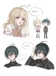  ... 1boy 1girl :d ahoge akamatsu_kaede black_hair black_jacket black_pants blonde_hair blush brown_eyes buttons chibi closed_eyes collared_shirt commentary_request cropped_torso danganronpa_(series) danganronpa_v3:_killing_harmony double-breasted fu_ga_(vivi912912) gakuran hair_between_eyes hair_ornament hand_up highres jacket long_hair long_sleeves looking_at_viewer multiple_views musical_note musical_note_hair_ornament necktie open_mouth orange_necktie pants pink_eyes pink_vest pleated_skirt purple_skirt saihara_shuichi school_uniform shirt short_hair simple_background skirt smile speech_bubble sweater_vest teeth upper_teeth_only vest white_background white_shirt 