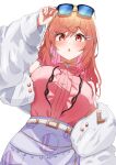  1girl adjusting_eyewear blue_skirt breasts commentary_request eyewear_on_head fur-trimmed_jacket fur_trim hair_ornament hairpin highres hololive hololive_dev_is ichijou_ririka ichijou_ririka_(1st_costume) jacket large_breasts looking_at_viewer medium_hair open_mouth orange_eyes orange_hair pink_shirt shirt skirt solo sunglasses virtual_youtuber white_jacket yamaki_(yamaki801) 