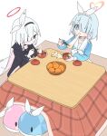  2girls ame_miya_ta arona_(blue_archive) black_choker black_coat black_sailor_collar black_shirt blue_archive blue_eyes blue_hair blue_shirt blush bow bow_hairband bowl bowtie braid choker chopsticks coat collarbone colored_inner_hair commentary_request eating egg food fruit fruit_bowl gradient_clothes gradient_shirt grey_eyes hair_bow hair_over_one_eye hairband halo heart heart_halo highres holding holding_chopsticks kotatsu long_sleeves medium_hair multicolored_hair multiple_girls neckerchief open_clothes open_coat orange_(fruit) orange_halo pink_hair plana_(blue_archive) red_halo sailor_collar shirt sidelocks simple_background single_braid sitting skirt smile sparkling_eyes stuffed_whale table white_background white_bow white_bowtie white_choker white_hair white_hairband white_neckerchief white_sailor_collar white_skirt 