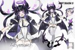  1girl :d ahoge black_collar black_gloves black_hair black_jacket black_shoes blunt_bangs bob_cut boots breasts character_name cleavage clothing_cutout collar color_guide demon_tail demon_wings dragon_girl dress facial_mark fangs frilled_sleeves frills full_body glove_cuffs gloves gradient_hair halo halterneck head_tilt heart heart_facial_mark highres hip_vent horns jacket kuntou_art looking_at_viewer loving_aura low_wings medium_breasts multicolored_hair multiple_horns multiple_thigh_straps o-ring o-ring_thigh_strap open_clothes open_jacket open_mouth original purple_eyes purple_hair purple_halo shoes short_sleeves smile standing standing_on_one_leg tail teeth thigh_boots thigh_strap twintails white_background white_boots white_dress wings zoom_layer 