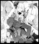  1girl 1other 2boys black_border border bow charles_henri_sanson_(fate/grand_order) chevalier_d&#039;eon_(fate/grand_order) closed_eyes clutching_chest cravat dark_persona fate/grand_order fate_(series) gloves greyscale hat hood marie_antoinette_(fate/grand_order) monochrome multiple_boys multiple_persona pauldrons shoulder_armor smile syatey wolfgang_amadeus_mozart_(fate/grand_order) 