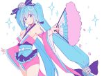 1girl aqua_hair armpits blue_eyes blue_hair blue_sash blush breasts closed_mouth commentary cowboy_shot detached_sleeves disco_ball disco_ball_hair_ornament english_commentary folding_fan from_side fur-trimmed_fan halterneck hand_fan hands_up hatsune_miku holding holding_fan japanese_clothes kimono long_hair long_sleeves looking_at_viewer malan medium_breasts obi ooedo_julia_night_(vocaloid) pink_kimono revealing_clothes sash short_kimono sideboob sidelocks simple_background smile solo strapless_kimono turning_head twintails very_long_hair vocaloid white_background wide_sleeves 