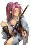  1girl baiken breasts cleavage closed_mouth facial_mark forehead_mark geta guilty_gear guilty_gear_xrd hankuri holding holding_pipe japanese_clothes katana kimono kiseru large_breasts long_hair long_sleeves no_eyepatch one_eye_closed pink_hair pipe ponytail scabbard scar scar_across_eye sheath sheathed simple_background sitting solo sword weapon white_background white_kimono wide_sleeves 