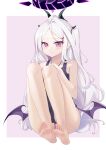  1girl absurdres ahoge bare_arms bare_legs bare_shoulders barefoot black_halo black_horns blue_archive blue_one-piece_swimsuit border closed_mouth collarbone commentary curled_fingers demon_girl demon_horns demon_wings dorsiflexion eryuhe expressionless feet foot_focus hair_ornament hair_tie hairclip halo highres hina_(blue_archive) hina_(swimsuit)_(blue_archive) horns knees_up legs_together long_hair looking_at_viewer low_wings multiple_horns official_alternate_costume official_alternate_hairstyle old_school_swimsuit one-piece_swimsuit one_side_up parted_bangs purple_background purple_eyes purple_wings school_swimsuit single_hair_intake sitting slit_pupils soles solo swimsuit toes tsurime very_long_hair white_border white_hair wings 
