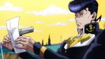  1boy anchor_ornament anime_coloring big_hair black_coat blue_eyes blue_hair bracelet brooch cloud coat commentary diamond_wa_kudakenai earrings fingernails gakuran gun handgun heart heart_brooch higashikata_josuke high_collar highres holding holding_paper jewelry jojo_no_kimyou_na_bouken long_sleeves m1911 male_focus official_style paper parody peace_symbol pompadour scene_reference school_uniform shirt shrimpify131 sky solo stud_earrings weapon yellow_shirt yellow_sky 