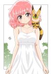  1girl absurdres alternate_hair_color arms_at_sides bare_shoulders blush border breasts brown_eyes cleavage closed_mouth collarbone commentary_request dress earrings highres jewelry kaze_no_tani_no_nausicaa looking_at_viewer medium_breasts nausicaa outside_border pink_hair short_hair sleeveless sleeveless_dress smile solo split_mouth sundress teardrop_earrings teto_(nausicaa) upper_body white_border white_dress yukion 