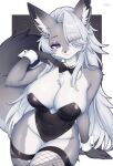  1girl absurdres animal_ear_fluff animal_ears animal_nose artist_name bare_shoulders black_background black_bow black_fur black_leotard border bow breasts cleavage closed_mouth commentary commission covered_navel curtained_hair detached_collar english_commentary eyeshadow fishnet_thighhighs fishnets fox_ears fox_girl fox_tail furry furry_female gradient_eyes gradient_fur hair_over_one_eye hand_on_own_face highres large_breasts leotard long_hair looking_at_viewer makeup mo_(k40633) mole mole_under_eye multicolored_eyes original pawpads pink_eyes purple_eyes purple_eyeshadow purple_nails seductive_smile signature sleeveless smile snout solo strapless strapless_leotard tail thighhighs thighs twitter_username two-tone_fur very_long_hair white_border white_fur white_wrist_cuffs wrist_cuffs 