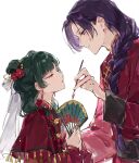 1boy 1girl applying_another's_makeup applying_makeup braid braided_ponytail chinese_clothes closed_eyes closed_mouth commentary_request earrings flower folding_fan freckles from_side green_hair hair_flower hair_ornament hair_over_shoulder hand_fan highres holding holding_fan holding_paintbrush jewelry jinshi_(kusuriya_no_hitorigoto) kusuriya_no_hitorigoto lipstick long_hair looking_at_another makeup maomao_(kusuriya_no_hitorigoto) paintbrush purple_eyes purple_hair simple_background upper_body white_background yuikisezu 