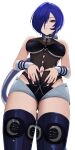  1girl 4kebidayo absurdres ass_visible_through_thighs bare_shoulders black_shorts blue_boots blue_hair blue_nails bodystocking boots breasts commentary_request cowboy_shot crescent crescent_earrings earrings from_below hair_over_one_eye hands_on_own_stomach highres jewelry long_hair looking_at_viewer medium_breasts navel parted_lips promeia_(zenless_zone_zero) purple_eyes shorts simple_background solo spread_navel thigh_boots two-tone_shorts very_long_hair white_background white_shorts zenless_zone_zero 