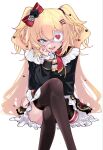 1girl akai_haato akai_haato_(gothic_lolita) aqua_eyes aqua_gem arm_on_own_leg black_capelet black_dress black_flower black_rose blonde_hair bow bowtie brown_thighhighs buttons capelet commentary crossed_legs dot_nose double-breasted dress eyepatch fangs feet_out_of_frame flower frilled_capelet frilled_dress frilled_eyepatch frilled_neckerchief frills gem gold_trim gothic_lolita hair_between_eyes hair_bow hair_ornament hairclip hairpin hand_on_own_face hand_up head_tilt heart heart_hair_ornament highres hololive invisible_chair layered_dress legwear_garter lolita_fashion long_hair long_sleeves looking_at_viewer multiple_hairclips official_alternate_costume official_alternate_hairstyle one_eye_covered open_mouth parallel_hairclips puffy_long_sleeves puffy_sleeves raised_eyebrow red_bow red_bowtie rose short_dress side_part simple_background single_legwear_garter sion_nowloading sitting smile solo stitches string_of_pearls teeth thighhighs thighs two_side_up upper_teeth_only very_long_hair virtual_youtuber white_background white_flower white_rose x_hair_ornament zettai_ryouiki 