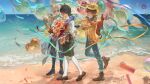  3boys artist_request balloon beach black_hair blue_pants bouquet brown_hair commentary confetti emil_(identity_v) emil_(majnun)_(identity_v) english_commentary florian_brand florian_brand_(puffing) flower gloves hat heart_balloon hernando_romero hernando_romero_(dasein) highres holding holding_bouquet identity_v multiple_boys official_art open_mouth orange_flower pants red_flower shorts smile white_hair 