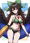  1girl absurdres arm_cannon bikini black_wings bow breasts brown_hair cape capelet chest_eye closed_mouth commentary commission control_rod_(touhou) cowboy_shot english_commentary feathered_wings green_bikini green_bow groin hair_between_eyes hair_bow highres large_breasts long_hair looking_at_viewer navel purple_eyes reiuji_utsuho rotomdocs signature smile solo starry_sky_print swimsuit touhou two-sided_cape two-sided_fabric very_long_hair weapon white_capelet wings 