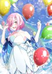  1girl absurdres balloon bare_shoulders blush bow breasts chun_xia cleavage collarbone commentary_request dress fate/grand_order fate_(series) hair_ornament hair_over_one_eye highres large_breasts lavender_hair looking_at_viewer mash_kyrielight open_mouth purple_eyes purple_hair short_hair smile solo upper_teeth white_bow white_dress 