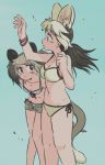  2girls absurdres alternate_costume animal_ears appleq arm_up bangle bare_arms bare_legs bare_shoulders bikini bikini_under_clothes black_hair bracelet breasts brown_eyes cleavage closed_mouth collarbone commentary_request dress extra_ears feet_out_of_frame floating_hair front-tie_bikini front-tie_top grey_hair hand_up highres jewelry kemono_friends leaning_forward long_hair looking_at_another medium_breasts medium_hair multicolored_hair multiple_girls navel open_clothes open_fly open_shorts scaly-tailed_possum_(kemono_friends) short_dress shorts side-tie_bikini small_breasts standing stomach swimsuit tail two_side_up white-eared_possum_(kemono_friends) white_hair wind 