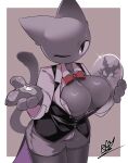 absurd_res anthro big_breasts black_body black_clothing black_fur black_topwear black_vest blush bodily_fluids bottomwear bow_tie breasts breasts_on_tray cheek_tuft cleavage clothed clothing collared_shirt domestic_cat dress_shirt eye_scar facial_scar facial_tuft felid feline felis female fingers fur grey_body grey_bottomwear grey_clothing grey_fur grey_shorts grey_tail hi_res holding_object holding_tray huge_breasts lagomorph leporid looking_at_viewer male mammal mouthless one_eye_closed pawpads rabbit red_bow_tie reflection scar shirt shorts spitting_drink sweat tail topwear tuft uniform vest vincent_(sabgong) vingo_(sabgong) white_clothing white_shirt white_topwear white_undershirt zam_zary