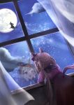 2girls absurdres animal_ears aoniyoshi blush bow braid braided_hair_rings broom broom_riding brown_hair casual cloud commentary_request curtains dress ear_bow full_moon hair_rings hairband hands_on_own_cheeks hands_on_own_face hat highres horse_ears horse_girl horse_tail long_hair long_sleeves moon multiple_girls necktie night open_mouth purple_eyes purple_necktie red_dress reflection sky smile sweep_tosho_(casual)_(umamusume) sweep_tosho_(umamusume) tail twintails umamusume window witch witch_hat 