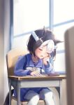  1girl animal_ears aoniyoshi blush bow bowtie braid brown_hair chair closed_eyes commentary_request desk half_up_braid head_rest highres horse_ears horse_girl horse_tail multicolored_hair on_chair open_mouth paper pencil_case pleated_skirt purple_sailor_collar purple_serafuku purple_shirt purple_skirt sailor_collar sailor_shirt school_desk school_uniform serafuku shirt short_hair sitting skirt sleeping special_week_(umamusume) tail thighhighs tracen_school_uniform two-tone_hair umamusume white_bow white_bowtie white_hair white_thighhighs window 