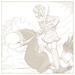  1girl belt boots border commentary_request creature dress full_body gloves guimpe gun gun_on_back holding holding_reins kaufmann_bach kaze_no_tani_no_nausicaa knee_boots long_sleeves mask mask_on_head nausicaa open_mouth pants profile reins riding saddle short_dress short_hair smoke solo standing weapon weapon_on_back 