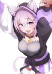  1girl :3 :d ahoge animal_ear_fluff animal_ears arms_up bell breasts cat_ears cleavage collar commentary crossed_bangs fang from_above hair_between_eyes highres hololive hood hood_up hoodie looking_at_viewer neck_bell neko_kaburi-na_(nekomata_okayu) nekomata_okayu official_alternate_costume pink_hair pleated_skirt purple_eyes simple_background skirt smile tail thighhighs untranslatable_commentary virtual_youtuber white_background white_thighhighs yamaki_(yamaki801) 