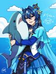  1girl animal_ears asymmetrical_clothes asymmetrical_jacket black_corset blue_cape blue_eyes blue_hair blue_skirt blue_sky blush cape cloud commentary_request corset ear_covers gracia_san_dayo hair_between_eyes highres holding horse_ears horse_girl horse_tail jacket long_hair looking_at_viewer mole mole_under_eye ocean open_mouth single_ear_cover skirt sky smile solo stuffed_animal stuffed_shark stuffed_toy tail umamusume verxina_(le_beau_sommet)_(umamusume) verxina_(umamusume) water 
