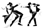  2boys chain full_body greyscale hat highres jacket jojo_no_kimyou_na_bouken jojo_pose kujo_jotaro kujo_jotaro's_pose long_coat male_focus michael_jackson monochrome multiple_boys pants pointing real_life shooting_star wywy_54 