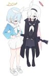  2girls absurdres ame_miya_ta arona_(blue_archive) black_coat black_hairband black_pantyhose black_sailor_collar black_shirt black_shoes black_skirt blue_archive blue_eyes blue_hair blue_shirt bow bow_hairband bowtie character_name clothes_lift coat collarbone colored_inner_hair commentary_request full_body gradient_clothes gradient_shirt grey_eyes gun hair_bow hair_over_one_eye hairband halo highres holding holding_gun holding_umbrella holding_weapon lifting_own_clothes loafers long_hair long_sleeves looking_at_another looking_down medium_hair midriff multicolored_hair multiple_girls navel neckerchief open_clothes open_coat pantyhose pinching_own_belly pink_hair plana_(blue_archive) pleated_skirt red_halo sailor_collar shirt shirt_lift shoes sidelocks simple_background skirt sleeves_past_wrists sneakers standing sweat thighs umbrella umbrella_gun very_long_hair weapon weight_conscious white_background white_bow white_bowtie white_hair white_hairband white_neckerchief white_sailor_collar white_shoes white_skirt yellow_halo 