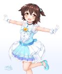  1girl akagi_miria aqua_dress aqua_shoes brown_hair commentary_request dress gem gloves hair_between_eyes hair_intakes heart-shaped_gem highres idolmaster idolmaster_cinderella_girls idolmaster_cinderella_girls_starlight_stage looking_at_viewer medium_hair open_mouth outstretched_arms shoes smile solo standing standing_on_one_leg white_background white_gloves yellow_eyes yellow_gem zanne 