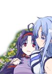 2girls ahoge armor asagi501 asuna_(sao) asuna_(sao-alo) bare_shoulders blue_dress blue_eyes blue_hair blush breastplate breasts closed_mouth collared_leotard commentary_request crying detached_sleeves dress flower_bed hair_intakes hair_ribbon hairband high_collar large_breasts leotard long_hair long_pointy_ears long_sidelocks looking_at_another looking_at_viewer looking_to_the_side lying messy_hair multiple_girls on_back one-armed_hug parted_bangs parted_lips pointy_ears purple_armor purple_hair purple_leotard red_eyes red_hairband red_ribbon red_trim ribbon sidelocks sitting sleeveless sleeveless_dress small_breasts split_mouth sword_art_online tearing_up two-tone_dress upper_body variant_set white_background white_dress yellow_trim yuuki_(sao) 
