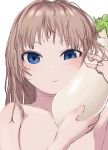  1girl bangs blue_eyes bouen closed_mouth eggplant food highres holding holding_food holding_vegetable light_brown_hair long_hair nude original simple_background solo upper_body vegetable white_background 