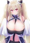  absurdres anchorage_(azur_lane) arms_up azur_lane black_ribbon black_shorts black_tube_top blue_coat breasts brown_hair cleavage coat commentary_request elegant_(sumisumi4268) hair_between_eyes hair_ribbon headgear highres huge_breasts light_blush long_hair long_sleeves looking_at_viewer navel open_clothes open_coat red_eyes ribbon ribbon_between_breasts shorts sleeves_past_fingers sleeves_past_wrists smile strapless tube_top twintails very_long_hair white_background 