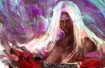  1girl bare_shoulders breasts cleavage closed_mouth collarbone colored_eyelashes commentary commission curtained_hair dark_skin elden_ring elden_ring_nightreign english_commentary grey_eyes highres kyezzzz long_hair official_alternate_costume painterly purple_sleeves recluse_(elden_ring) second-party_source simple_background solo very_dark_skin white_eyelashes white_hair witch 