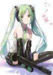  1girl :3 bare_shoulders between_legs black_legwear black_skirt black_sleeves boots commentary crossed_legs detached_sleeves flower green_eyes green_hair green_neckwear grey_shirt hair_ornament hand_between_legs hatsune_miku headphones highres light_blush long_hair looking_at_viewer necktie shi-ro shiny shiny_clothes shirt shoulder_tattoo sitting skirt sleeveless sleeveless_shirt smile solo tattoo thigh_boots thighhighs twintails very_long_hair vocaloid white_background zettai_ryouiki 