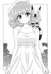  1girl absurdres arms_at_sides bare_shoulders blush border breasts cleavage closed_mouth collarbone commentary_request dress earrings greyscale highres jewelry kaze_no_tani_no_nausicaa looking_at_viewer medium_breasts monochrome nausicaa outside_border short_hair sleeveless sleeveless_dress smile solo split_mouth sundress teardrop_earrings teto_(nausicaa) upper_body yukion 