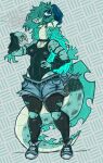 anthro aquatic beanie big_tail blue_body blue_eyes blue_fin blue_fins blue_hair blue_sclera breasts cigarette clothed clothing colored female footwear hair hat headgear headwear leggings legwear mik3hawk ness_(mik3hawk) non-mammal_breasts piercing plesiosaur prehistoric_species reptile scalie shaded shoes shoes_on simple_background simple_shading smoke smoking solo tail thick_tail thick_thighs torn_clothing torn_leggings torn_legwear