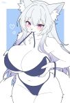  1girl animal_ear_fluff animal_ears animal_nose artist_name bikini blue_background blue_bikini border breasts cameltoe cleavage clothes_in_mouth commentary commission cowboy_shot double-parted_bangs english_commentary fangs fox_ears fox_girl fox_tail furry furry_female grabbing_own_breast gradient_hair heart highleg highleg_bikini highres large_breasts long_hair mo_(k40633) multicolored_hair original orpheus_(lucifer) parted_lips plump purple_eyes purple_hair purple_nails sidelocks signature smile snout solo swimsuit tail teeth thighs very_long_hair white_border white_fur 
