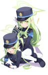  ! 2girls :d :o armband blue_archive blue_armband blue_jacket blue_skirt blush commentary girl_on_top gloves green_hair green_halo halo hat highres hikari_(blue_archive) jacket kyamimasita long_hair long_sleeves looking_at_viewer lying multiple_girls nozomi_(blue_archive) on_stomach open_mouth pantyhose pointy_ears siblings simple_background sisters sitting sitting_on_person skirt smile the_pose train_conductor twins twintails untranslatable_commentary white_background white_gloves white_pantyhose yellow_eyes 