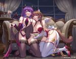  2girls absurdres alcohol angel_wings animal_ears arm_warmers artist_request black_choker black_horns black_leotard black_shoes black_thighhighs black_wings blue_eyes blue_sky breasts bridal_gauntlets brown_hair brown_tail candle candlestand chinese_commentary choker clothing_cutout commentary_request commission couch covered_navel cup curtains demon_girl demon_horns demon_wings drinking_glass eoe feathered_wings full_body hand_on_another's_leg hand_on_another's_shoulder high_heels highres horns indoors kneeling lace-trimmed_thighhighs lace_trim large_breasts leotard long_braid long_hair looking_at_viewer multiple_girls night purple_bridal_gauntlets purple_hair red_shoes reflective_floor second-party_source shoes side_cutout sky smile thighhighs virtual_youtuber wan'er_(eoe) watermark weibo_watermark white_arm_warmers white_leotard white_thighhighs white_wings wine wine_glass wings yumo_(eoe) 