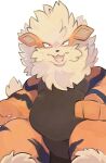 anthro anthrofied arcanine belly biped black_body black_fur black_stripes blush blush_lines brown_body brown_fur canid canine cheek_tuft colored cute_fangs digital_media_(artwork) facial_tuft fangs featureless_crotch fluffy front_view fur generation_1_pokemon half-length_portrait handpaw head_tuft hi_res kemono looking_at_viewer male male_anthro mammal mane multicolored_body multicolored_fur neck_tuft nintendo nude nude_anthro nude_male open_mouth orange_body orange_ears orange_fur overweight overweight_anthro overweight_male pawpads paws pink_pawpads pokemon pokemon_(species) pokemorph portrait shaded simple_background sitting solo striped_body striped_fur stripes tan_body tan_fur tan_inner_ear teeth tinntira tuft white_background