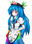 1girl black_hat blue_hair blush bow closed_mouth commentary_request food fruit hand_on_own_hip hat highres hinanawi_tenshi krace large_variant_set long_hair long_sidelocks peach puffy_short_sleeves puffy_sleeves red_eyes short_sleeves sidelocks simple_background solo standing touhou transparent_background variant_set very_long_hair 